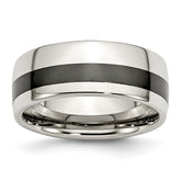 Stainless Steel Wedding Band with Polished Black Ceramic Inlay Engravable 9mm